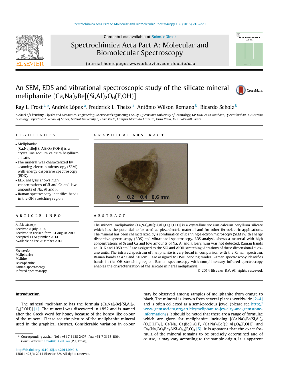 An SEM, EDS and vibrational spectroscopic study of the silicate mineral meliphanite (Ca,Na)2Be[(Si,Al)2O6(F,OH)]