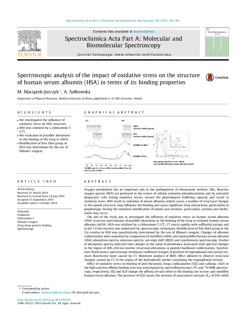 Spectroscopic analysis of the impact of oxidative stress on the structure of human serum albumin (HSA) in terms of its binding properties