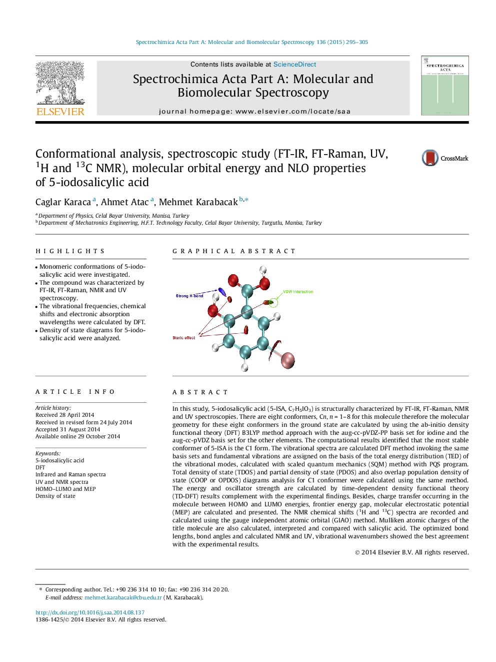 Conformational analysis, spectroscopic study (FT-IR, FT-Raman, UV, 1H and 13C NMR), molecular orbital energy and NLO properties of 5-iodosalicylic acid