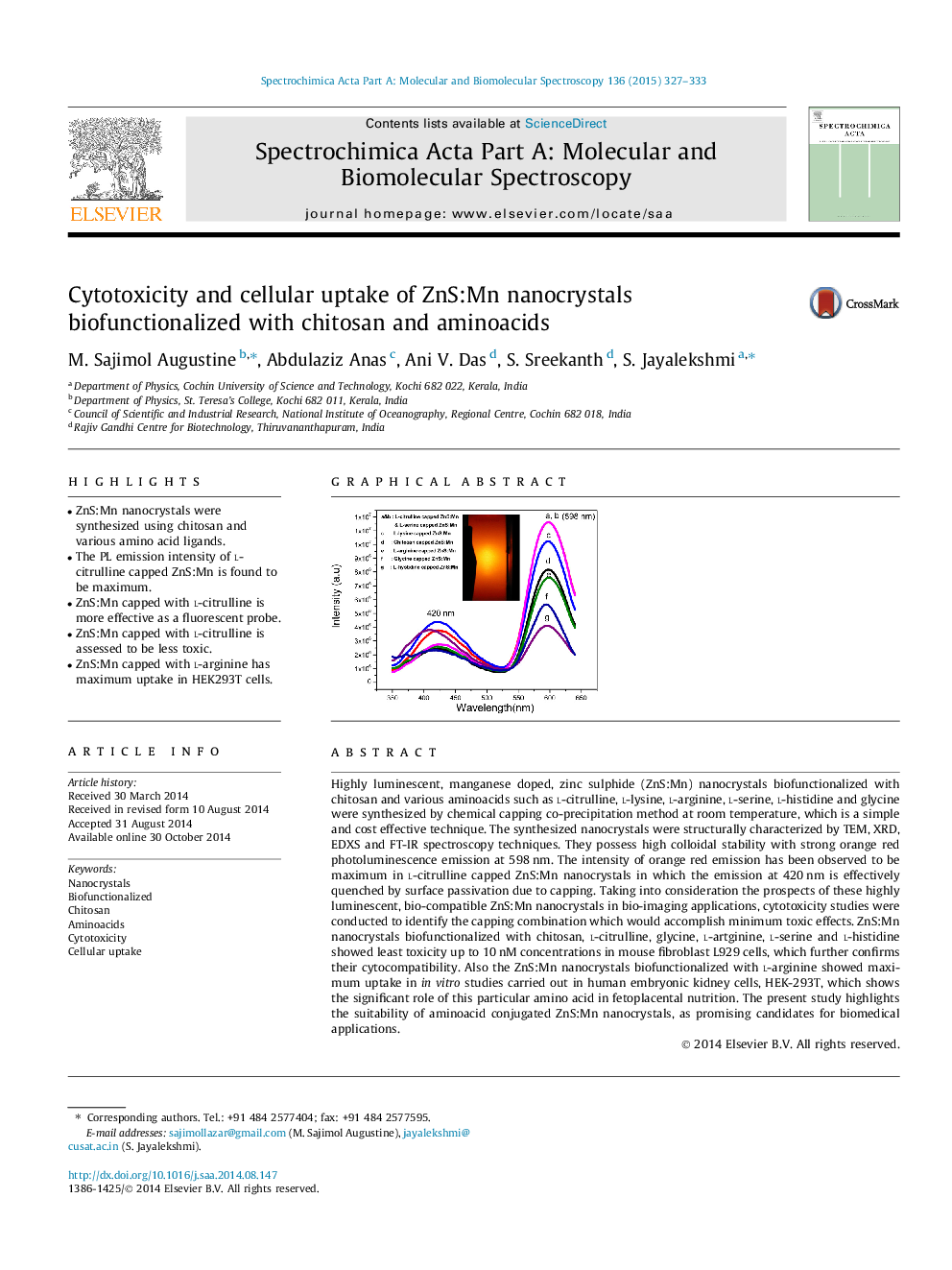 Cytotoxicity and cellular uptake of ZnS:Mn nanocrystals biofunctionalized with chitosan and aminoacids