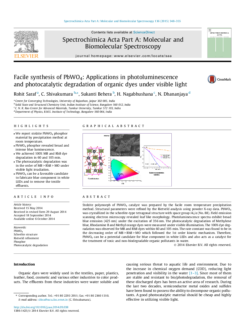 Facile synthesis of PbWO4: Applications in photoluminescence and photocatalytic degradation of organic dyes under visible light