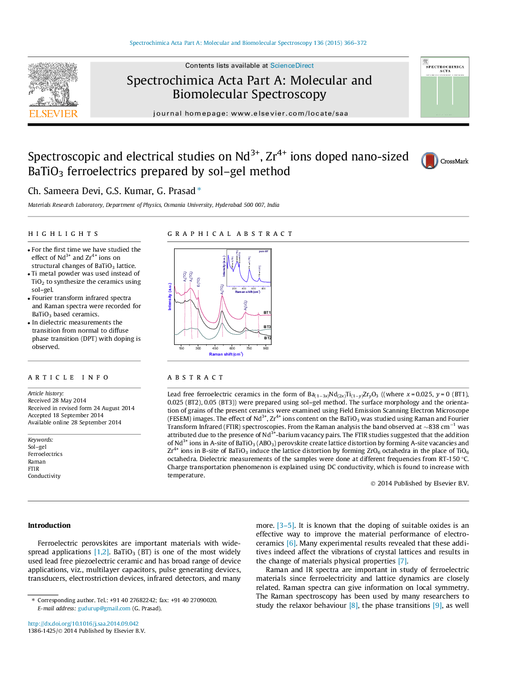 Spectroscopic and electrical studies on Nd3+, Zr4+ ions doped nano-sized BaTiO3 ferroelectrics prepared by sol–gel method