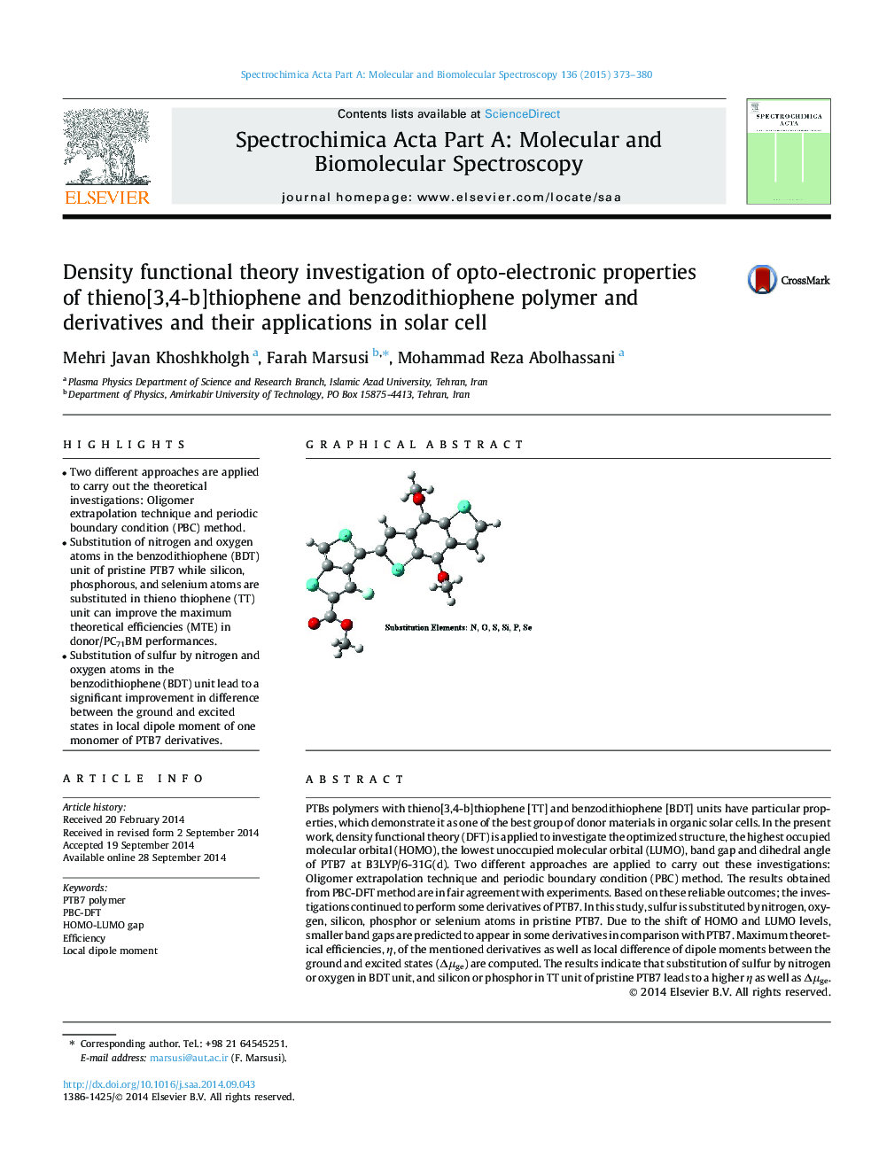 Density functional theory investigation of opto-electronic properties of thieno[3,4-b]thiophene and benzodithiophene polymer and derivatives and their applications in solar cell