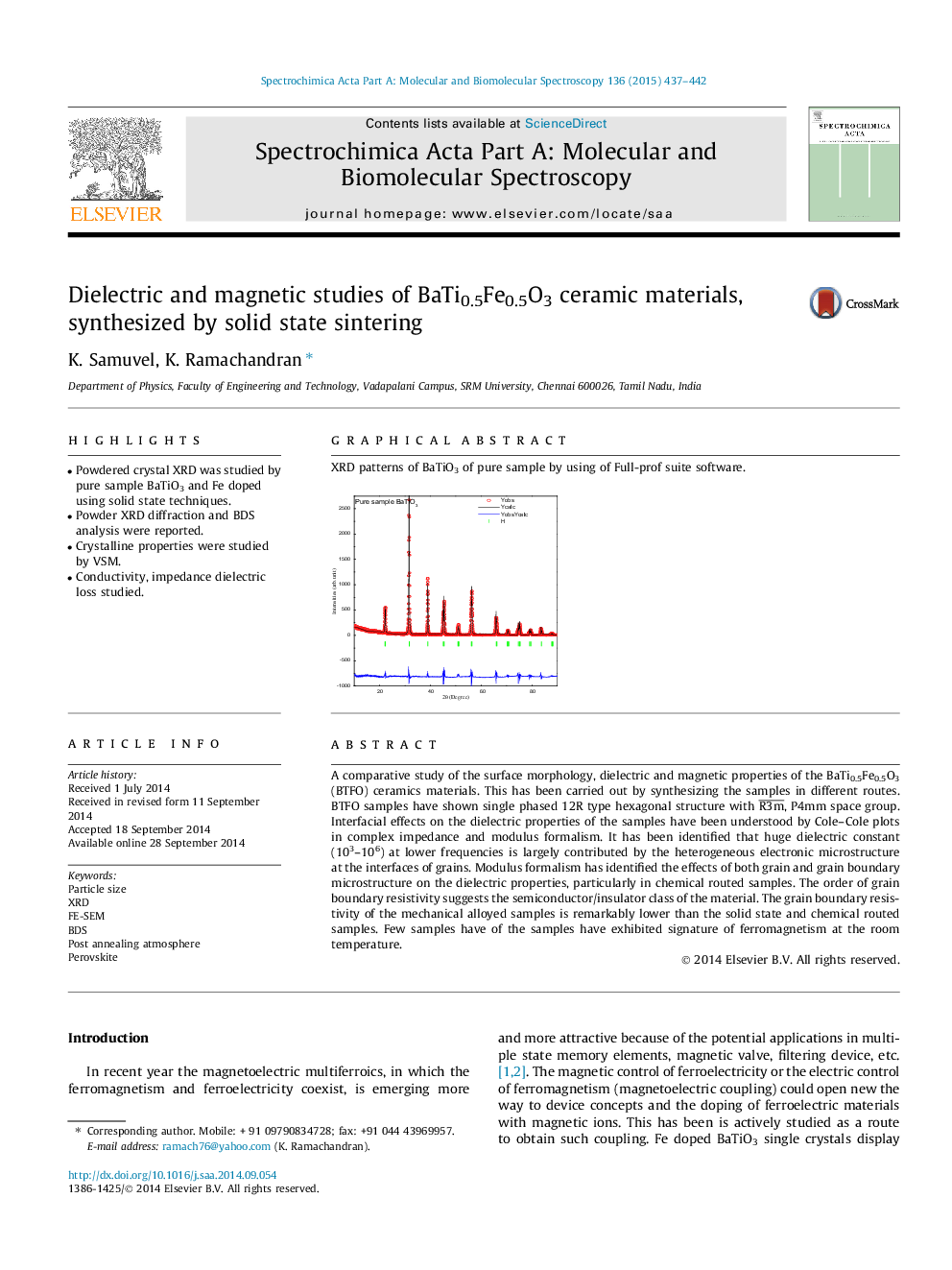 Dielectric and magnetic studies of BaTi0.5Fe0.5O3 ceramic materials, synthesized by solid state sintering