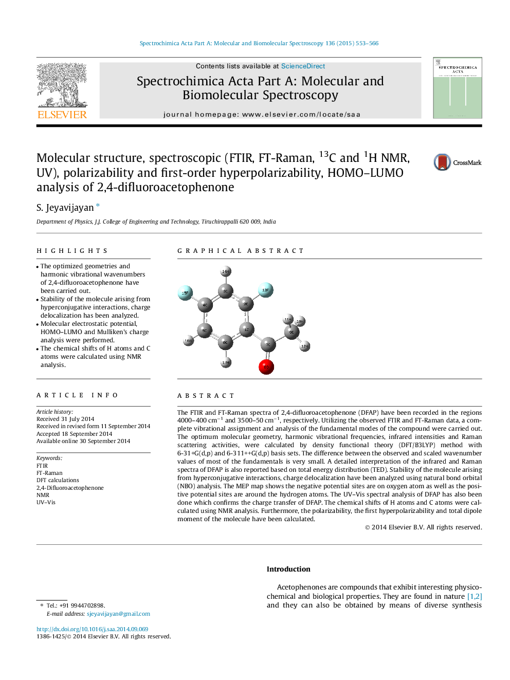 Molecular structure, spectroscopic (FTIR, FT-Raman, 13C and 1H NMR, UV), polarizability and first-order hyperpolarizability, HOMO–LUMO analysis of 2,4-difluoroacetophenone