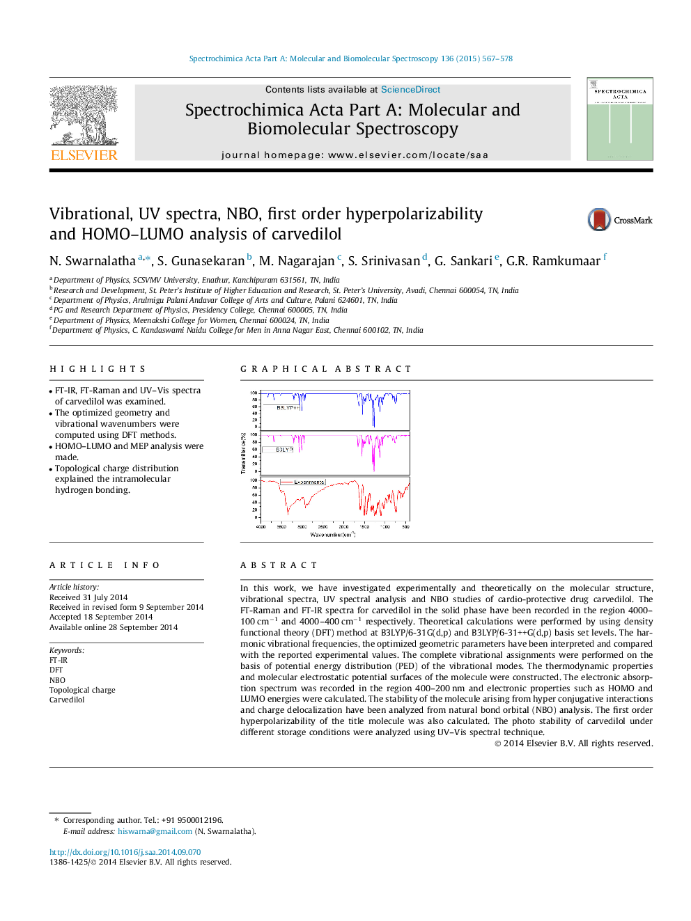 Vibrational, UV spectra, NBO, first order hyperpolarizability and HOMO–LUMO analysis of carvedilol