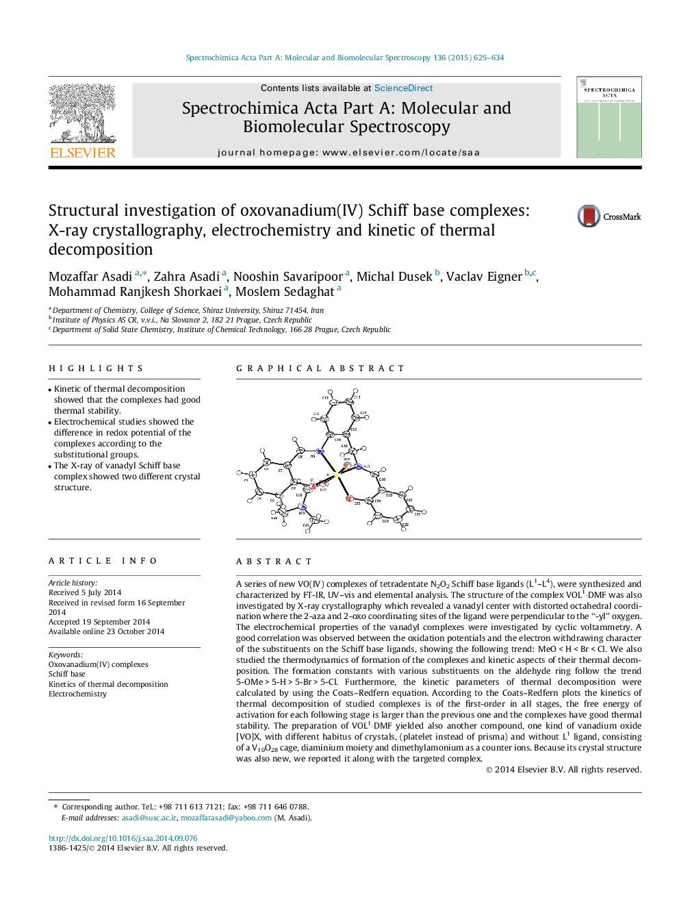 Structural investigation of oxovanadium(IV) Schiff base complexes: X-ray crystallography, electrochemistry and kinetic of thermal decomposition