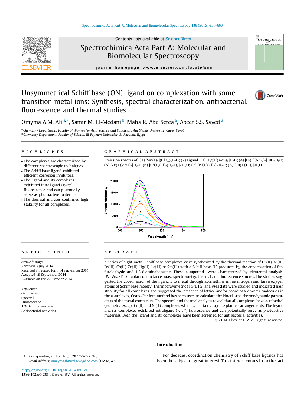 Unsymmetrical Schiff base (ON) ligand on complexation with some transition metal ions: Synthesis, spectral characterization, antibacterial, fluorescence and thermal studies