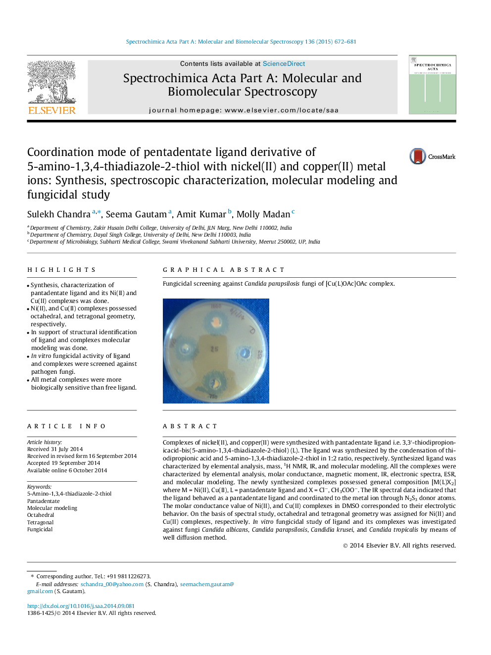 Coordination mode of pentadentate ligand derivative of 5-amino-1,3,4-thiadiazole-2-thiol with nickel(II) and copper(II) metal ions: Synthesis, spectroscopic characterization, molecular modeling and fungicidal study