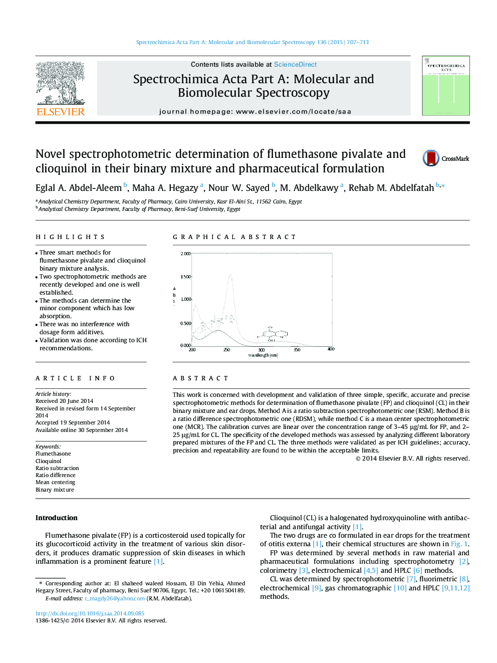 Novel spectrophotometric determination of flumethasone pivalate and clioquinol in their binary mixture and pharmaceutical formulation