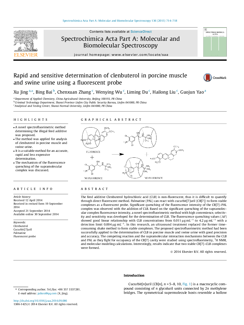 Rapid and sensitive determination of clenbuterol in porcine muscle and swine urine using a fluorescent probe