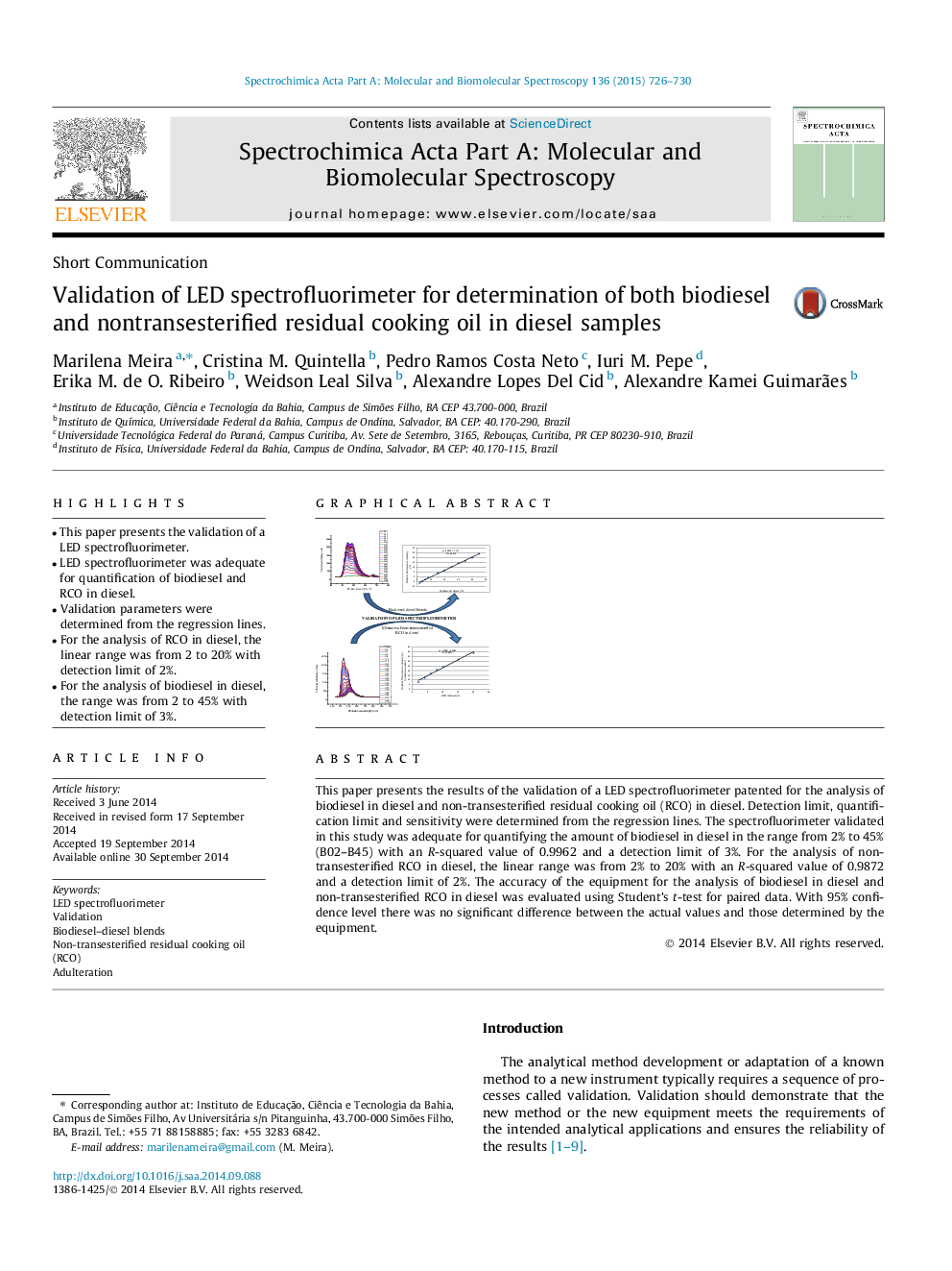 Validation of LED spectrofluorimeter for determination of both biodiesel and nontransesterified residual cooking oil in diesel samples