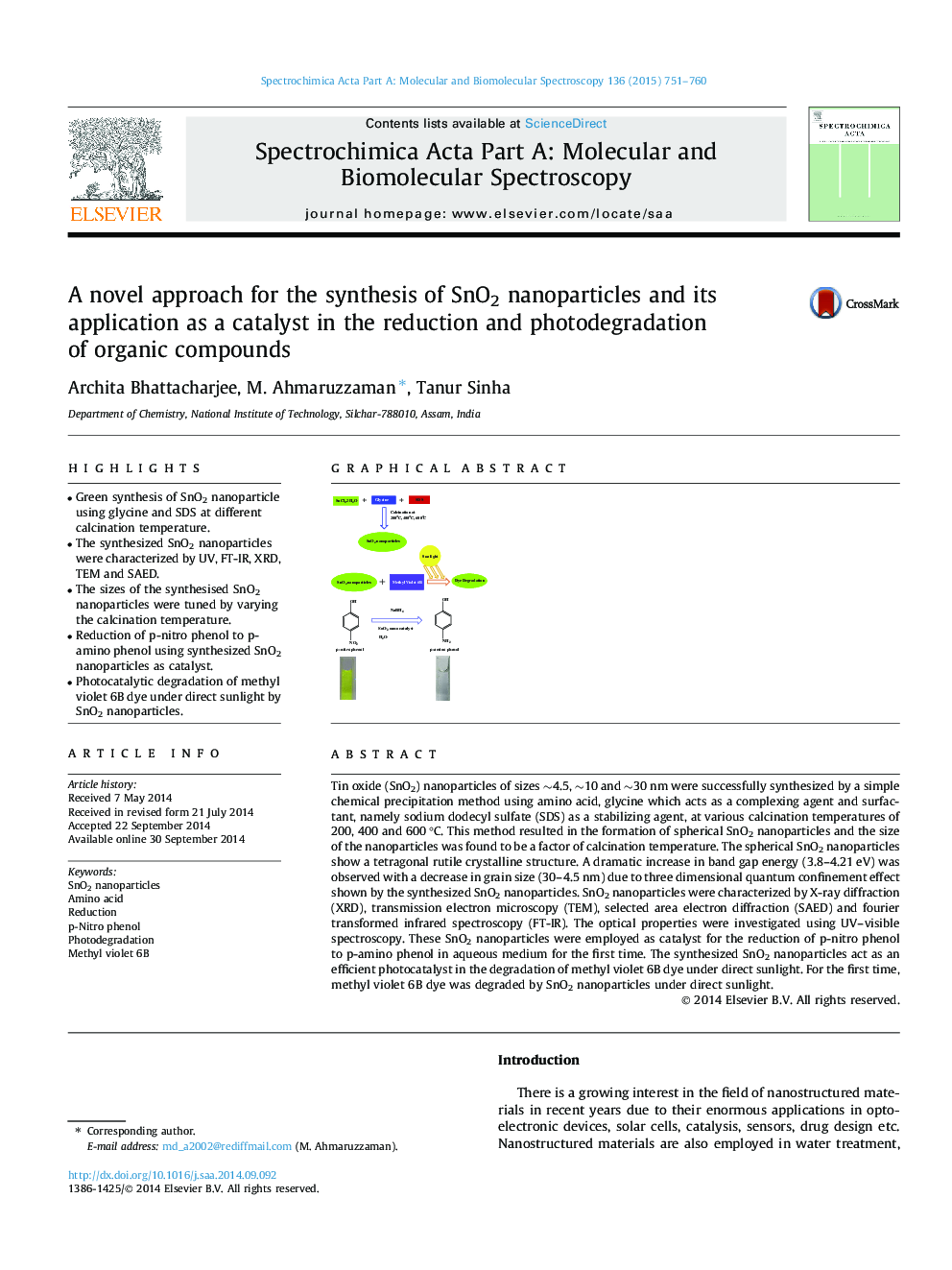 A novel approach for the synthesis of SnO2 nanoparticles and its application as a catalyst in the reduction and photodegradation of organic compounds