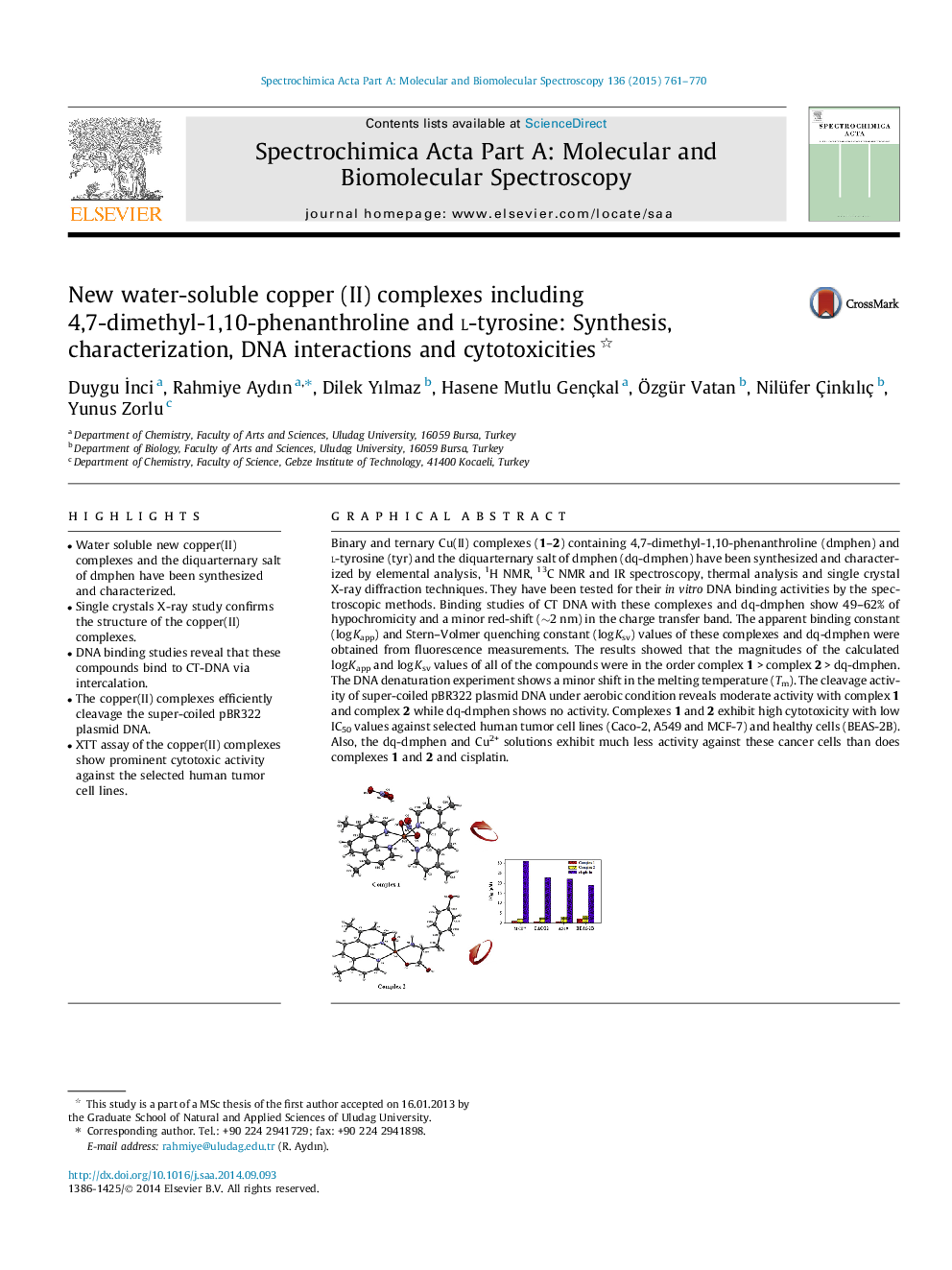 New water-soluble copper (II) complexes including 4,7-dimethyl-1,10-phenanthroline and l-tyrosine: Synthesis, characterization, DNA interactions and cytotoxicities 