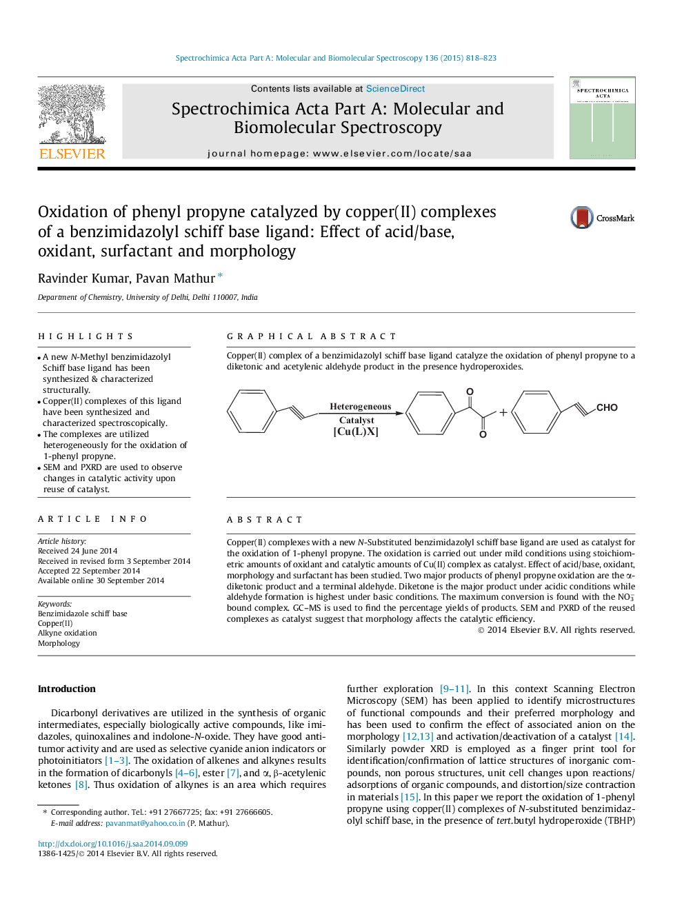 Oxidation of phenyl propyne catalyzed by copper(II) complexes of a benzimidazolyl schiff base ligand: Effect of acid/base, oxidant, surfactant and morphology