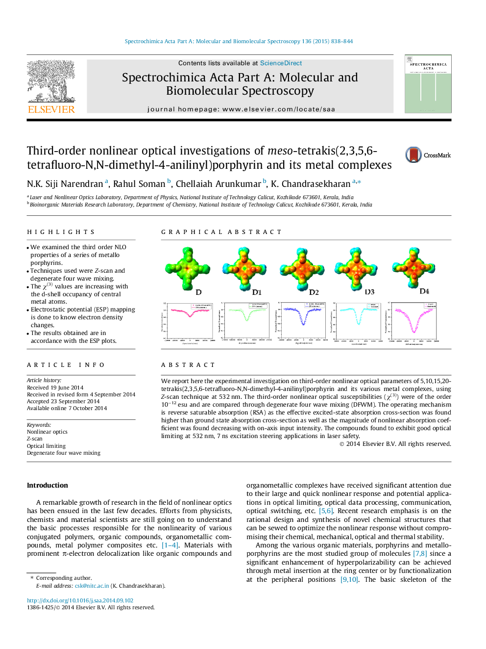 Third-order nonlinear optical investigations of meso-tetrakis(2,3,5,6-tetrafluoro-N,N-dimethyl-4-anilinyl)porphyrin and its metal complexes