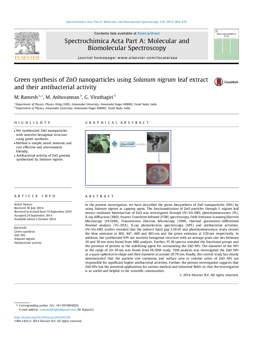 Green synthesis of ZnO nanoparticles using Solanum nigrum leaf extract and their antibacterial activity