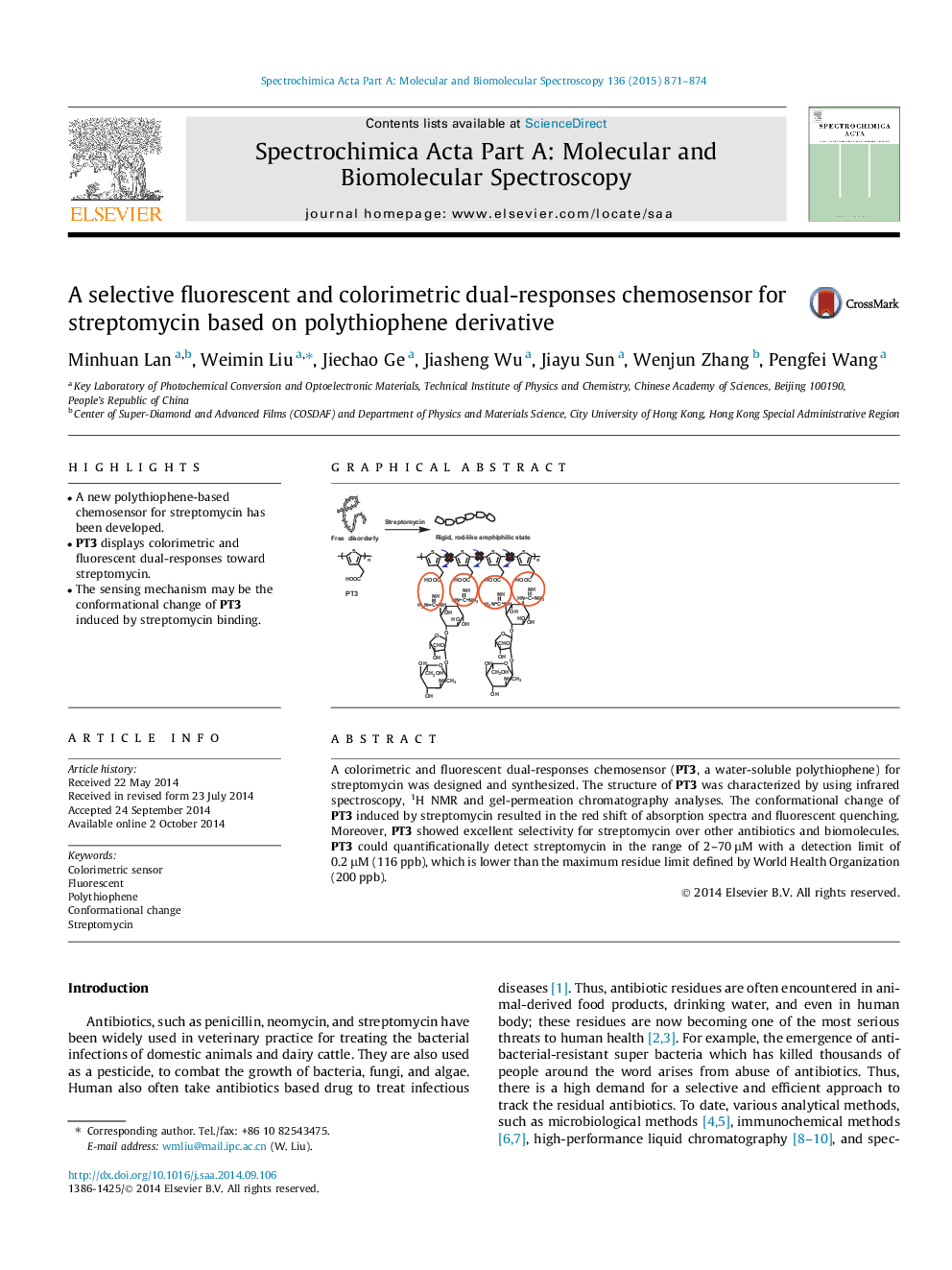 A selective fluorescent and colorimetric dual-responses chemosensor for streptomycin based on polythiophene derivative