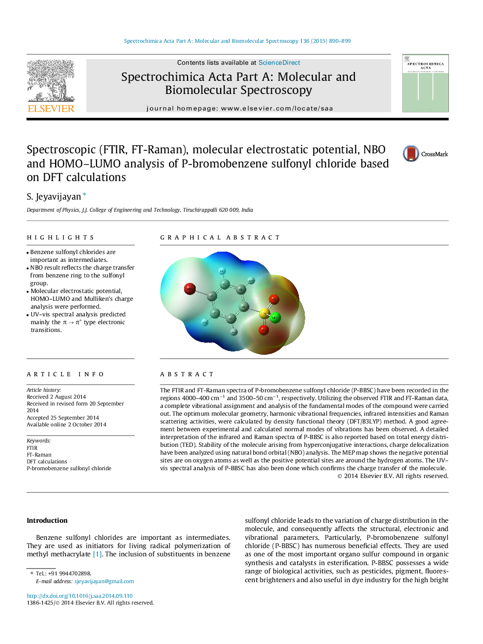 Spectroscopic (FTIR, FT-Raman), molecular electrostatic potential, NBO and HOMO-LUMO analysis of P-bromobenzene sulfonyl chloride based on DFT calculations