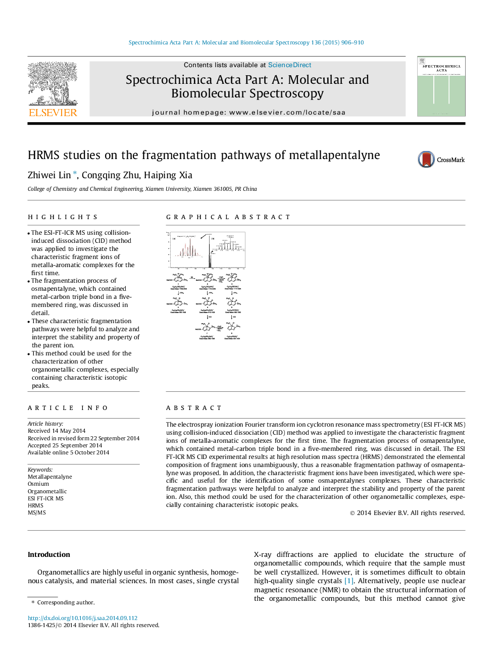 HRMS studies on the fragmentation pathways of metallapentalyne