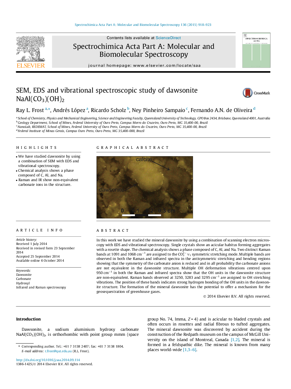 SEM, EDS and vibrational spectroscopic study of dawsonite NaAl(CO3)(OH)2