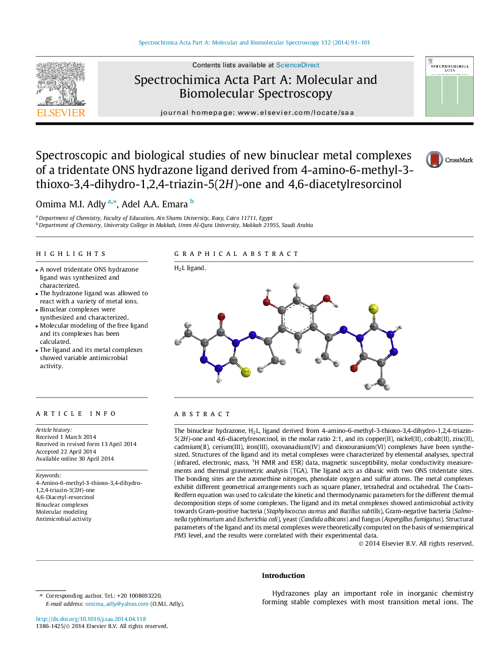 عکس صفحه اول مقاله: Spectroscopic and biological studies of new binuclear metal complexes of a tridentate ONS hydrazone ligand derived from 4-amino-6-methyl-3-thioxo-3,4-dihydro-1,2,4-triazin-5(2H)-one and 4,6-diacetylresorcinol Spectroscopic and biological studies of new binuclear metal complexes of a tridentate ONS hydrazone ligand derived from 4-amino-6-methyl-3-thioxo-3,4-dihydro-1,2,4-triazin-5(2H)-one and 4,6-diacetylresorcinol