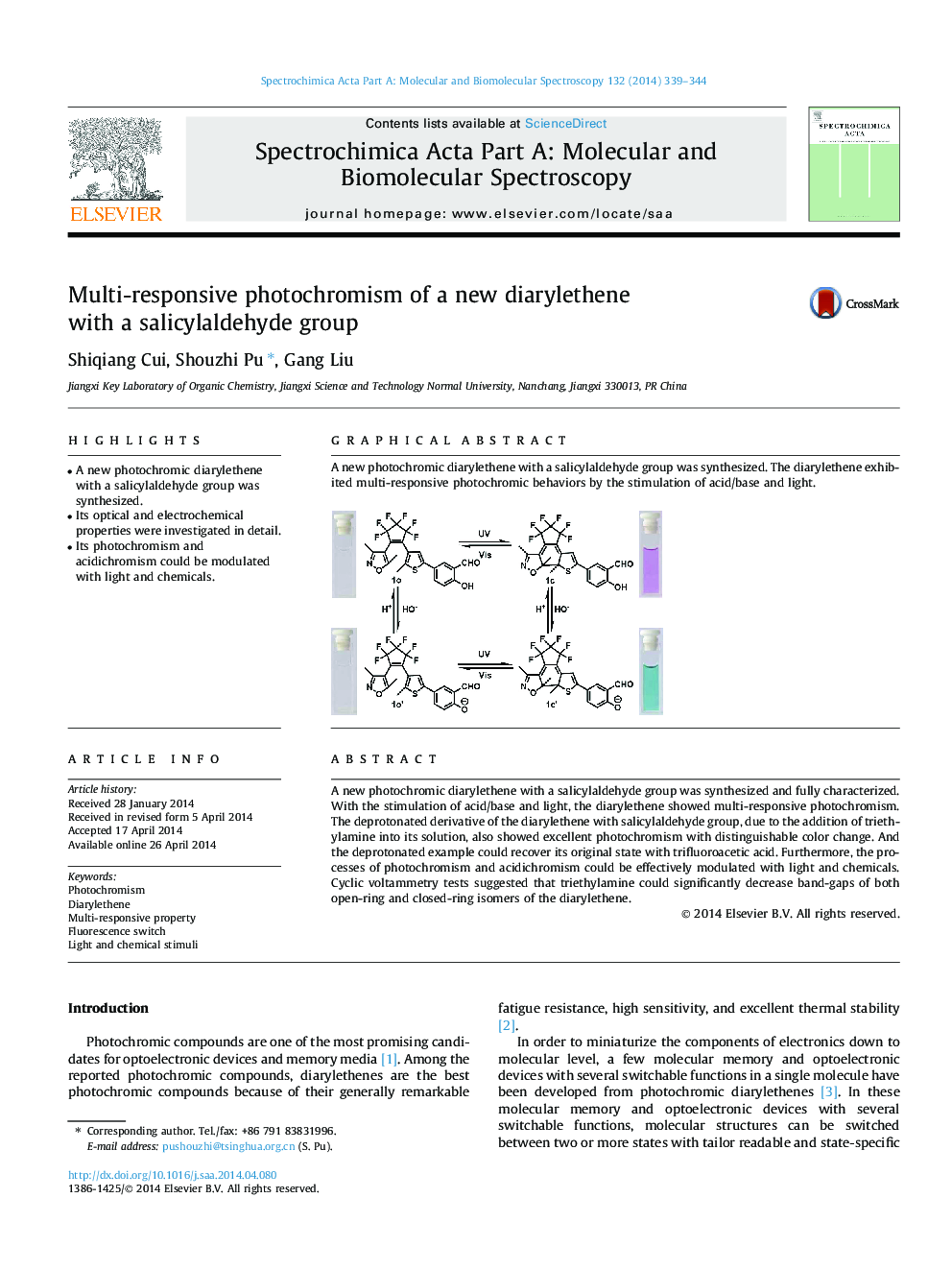 Multi-responsive photochromism of a new diarylethene with a salicylaldehyde group