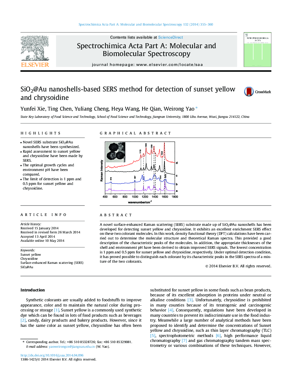 SiO2@Au nanoshells-based SERS method for detection of sunset yellow and chrysoidine