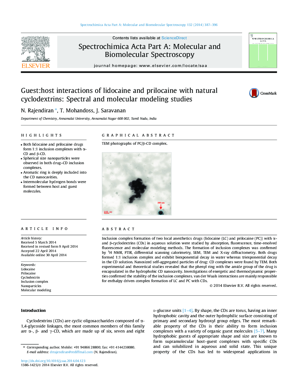 Guest:host interactions of lidocaine and prilocaine with natural cyclodextrins: Spectral and molecular modeling studies