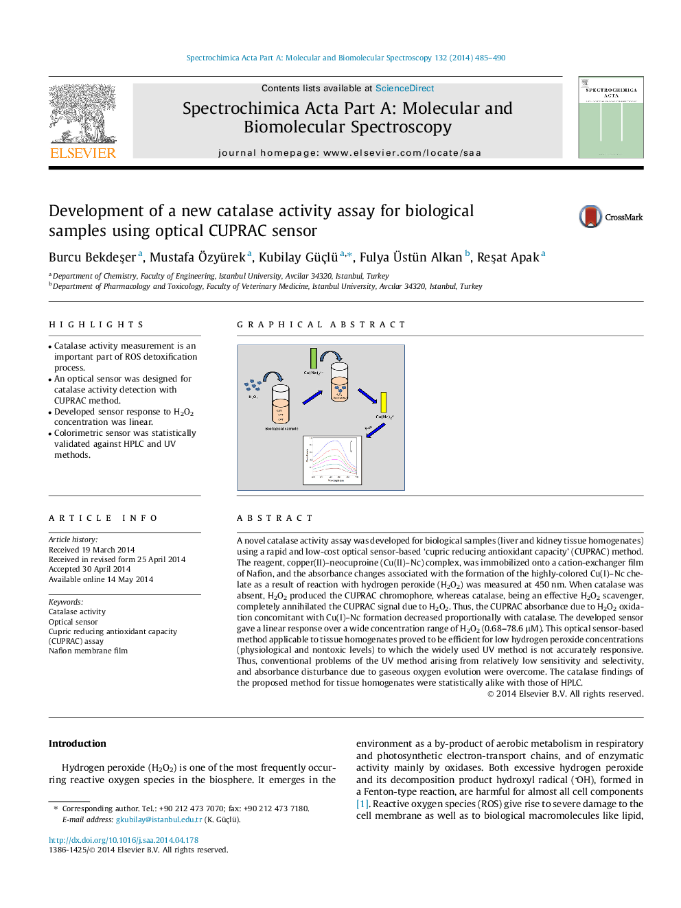 Development of a new catalase activity assay for biological samples using optical CUPRAC sensor