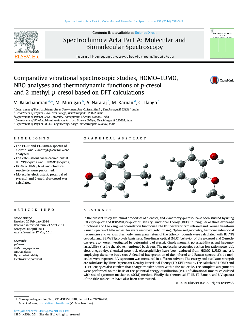 Comparative vibrational spectroscopic studies, HOMO–LUMO, NBO analyses and thermodynamic functions of p-cresol and 2-methyl-p-cresol based on DFT calculations