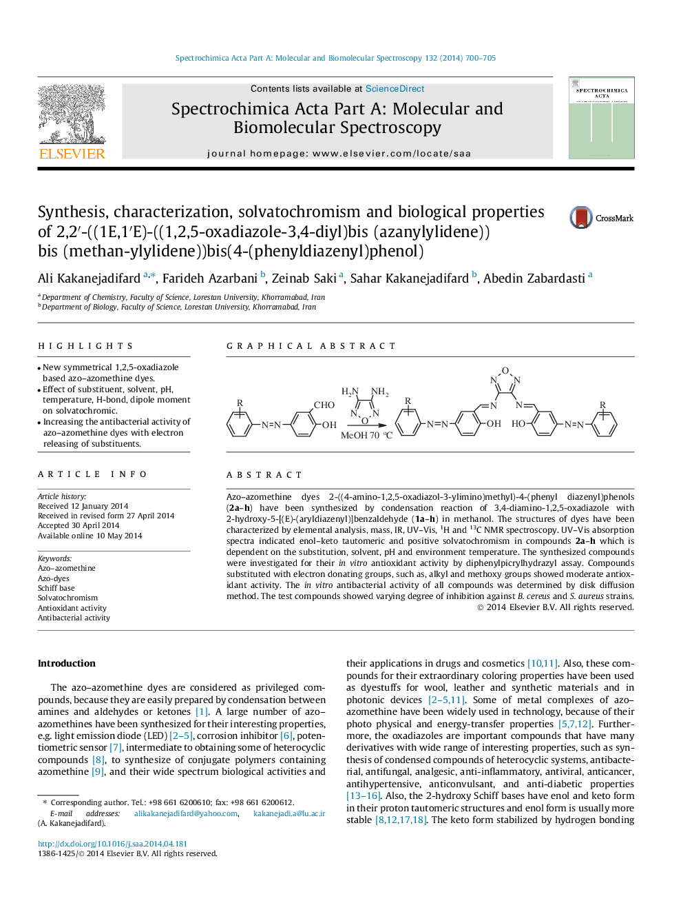 Synthesis, characterization, solvatochromism and biological properties of 2,2′-((1E,1′E)-((1,2,5-oxadiazole-3,4-diyl)bis (azanylylidene))bis(methan-ylylidene))bis(4-(phenyldiazenyl)phenol)