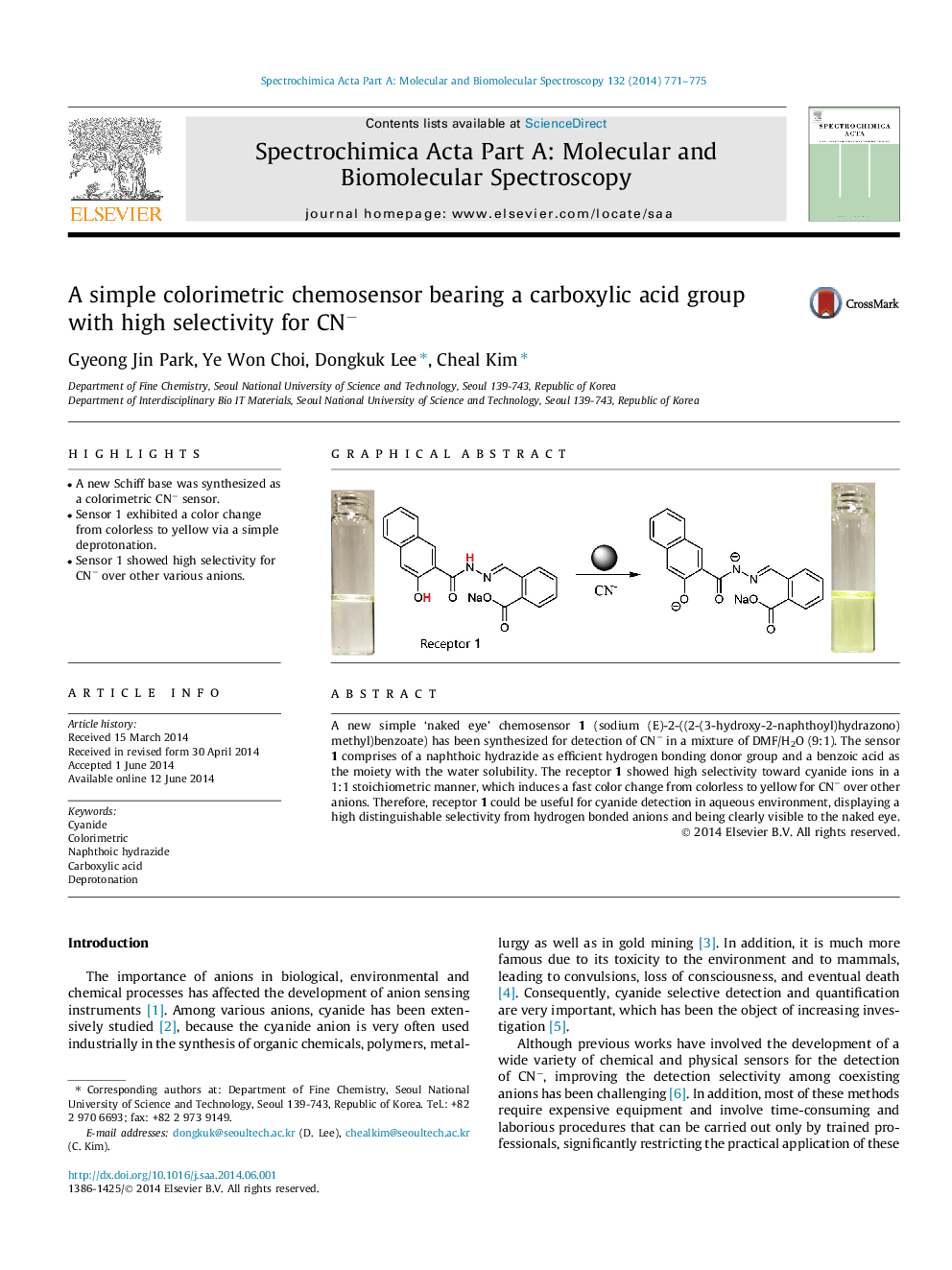 A simple colorimetric chemosensor bearing a carboxylic acid group with high selectivity for CN−