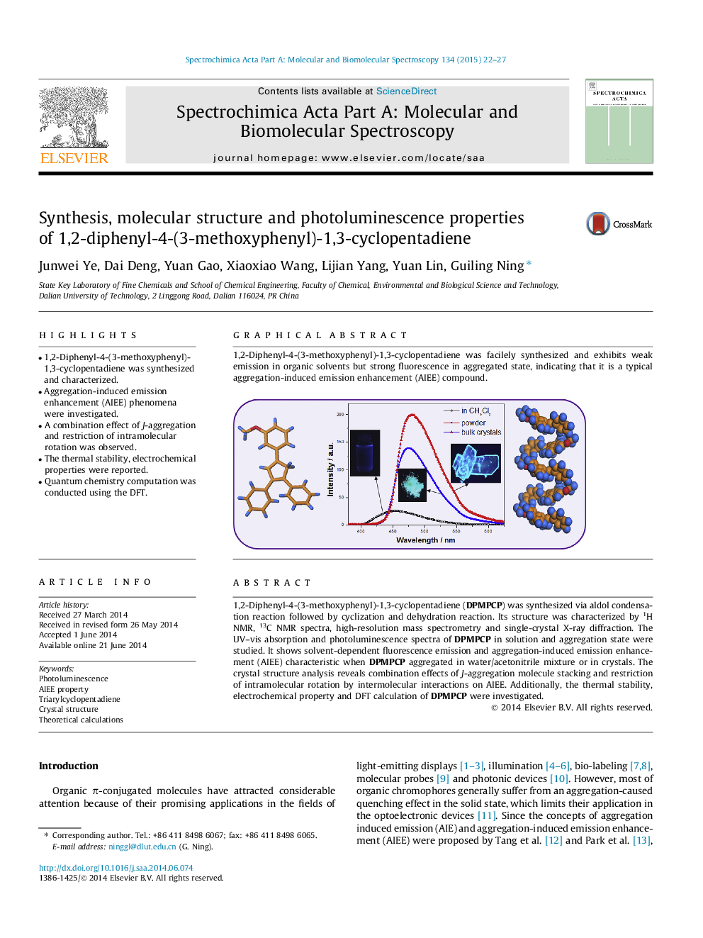 Synthesis, molecular structure and photoluminescence properties of 1,2-diphenyl-4-(3-methoxyphenyl)-1,3-cyclopentadiene