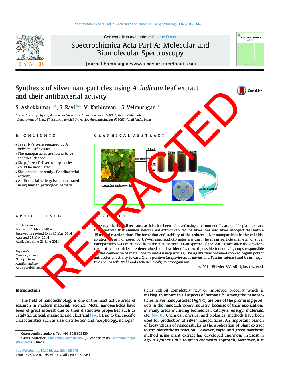 RETRACTED: Synthesis of silver nanoparticles using A. indicum leaf extract and their antibacterial activity