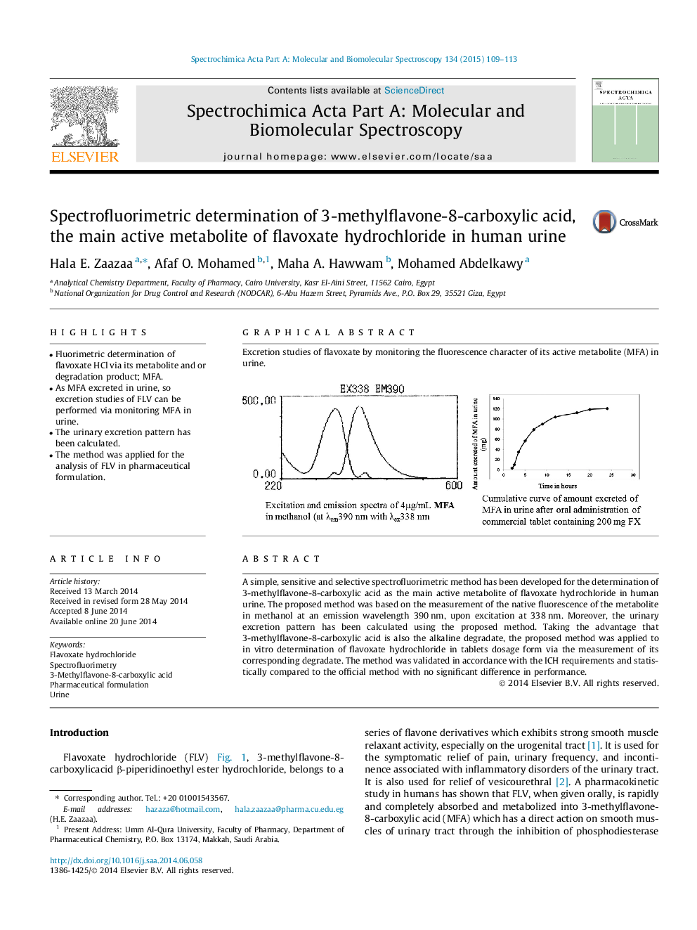 Spectrofluorimetric determination of 3-methylflavone-8-carboxylic acid, the main active metabolite of flavoxate hydrochloride in human urine