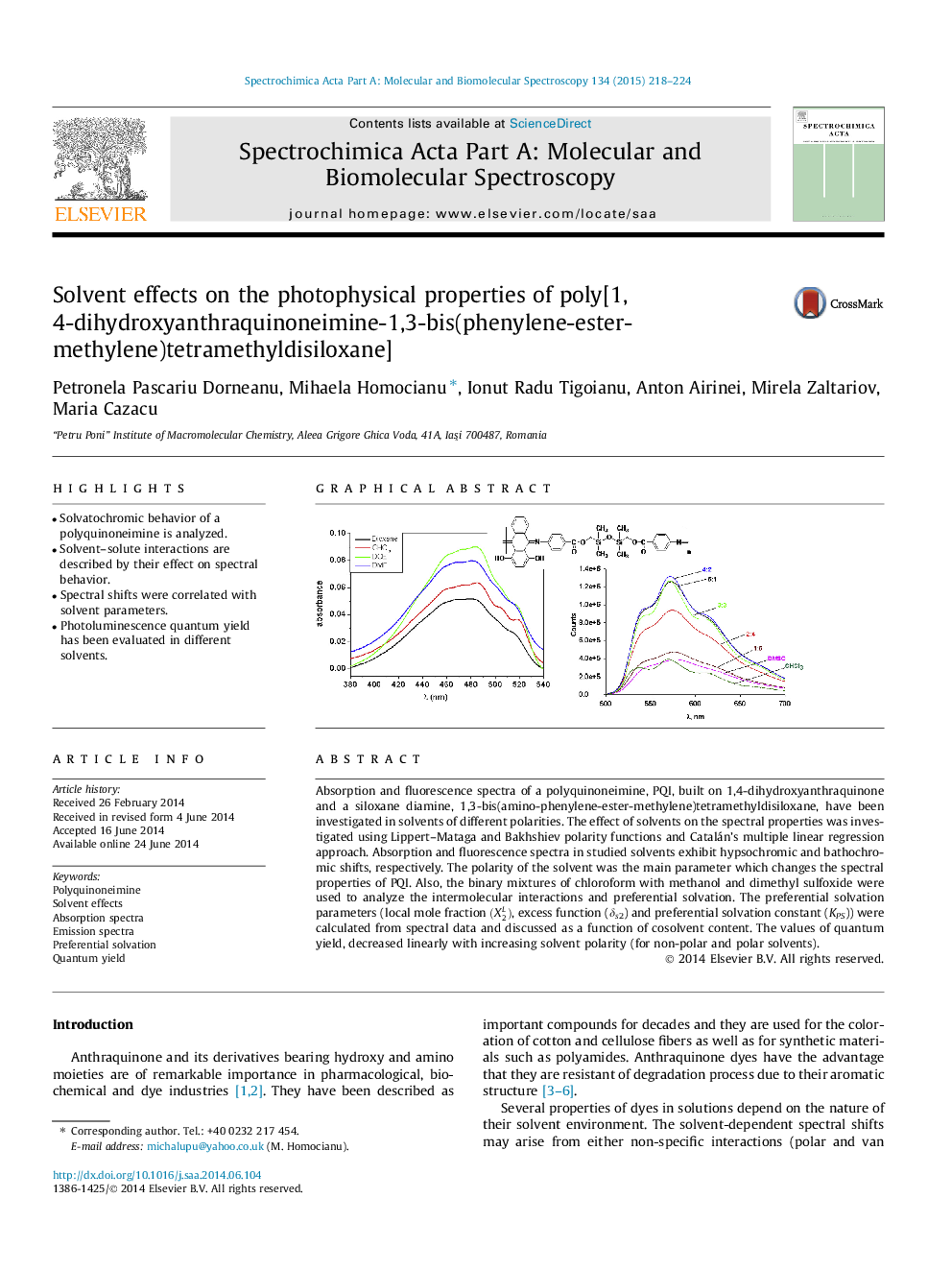 Solvent effects on the photophysical properties of poly[1,4-dihydroxyanthraquinoneimine-1,3-bis(phenylene-ester-methylene)tetramethyldisiloxane]