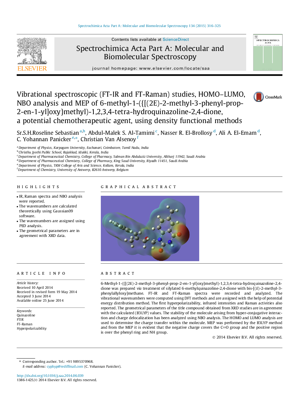 Vibrational spectroscopic (FT-IR and FT-Raman) studies, HOMO–LUMO, NBO analysis and MEP of 6-methyl-1-({[(2E)-2-methyl-3-phenyl-prop-2-en-1-yl]oxy}methyl)-1,2,3,4-tetra-hydroquinazoline-2,4-dione, a potential chemotherapeutic agent, using density function