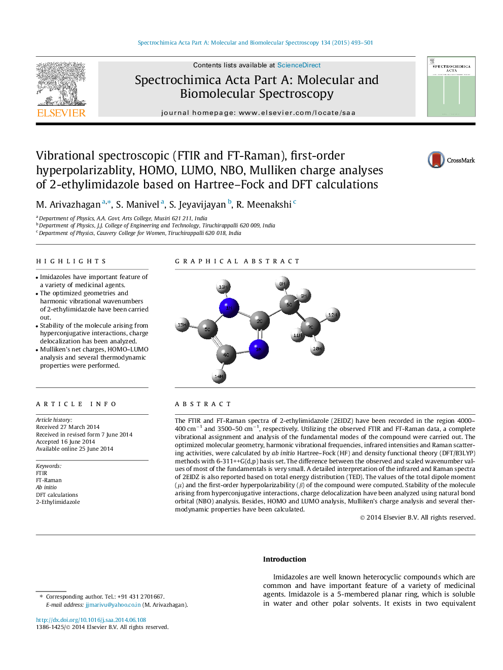 Vibrational spectroscopic (FTIR and FT-Raman), first-order hyperpolarizablity, HOMO, LUMO, NBO, Mulliken charge analyses of 2-ethylimidazole based on Hartree-Fock and DFT calculations