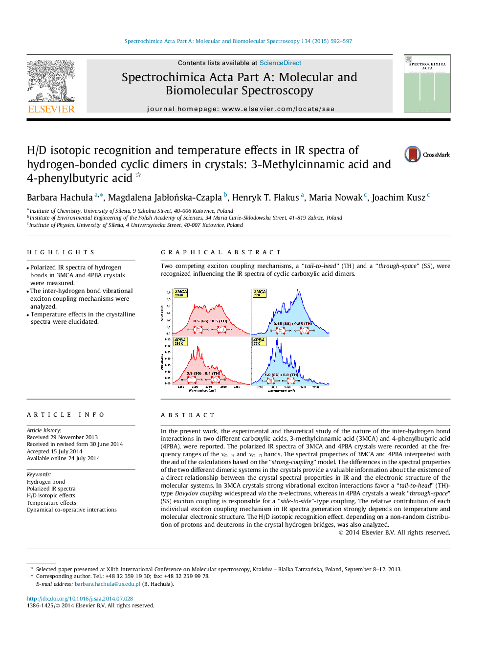 H/D isotopic recognition and temperature effects in IR spectra of hydrogen-bonded cyclic dimers in crystals: 3-Methylcinnamic acid and 4-phenylbutyric acid