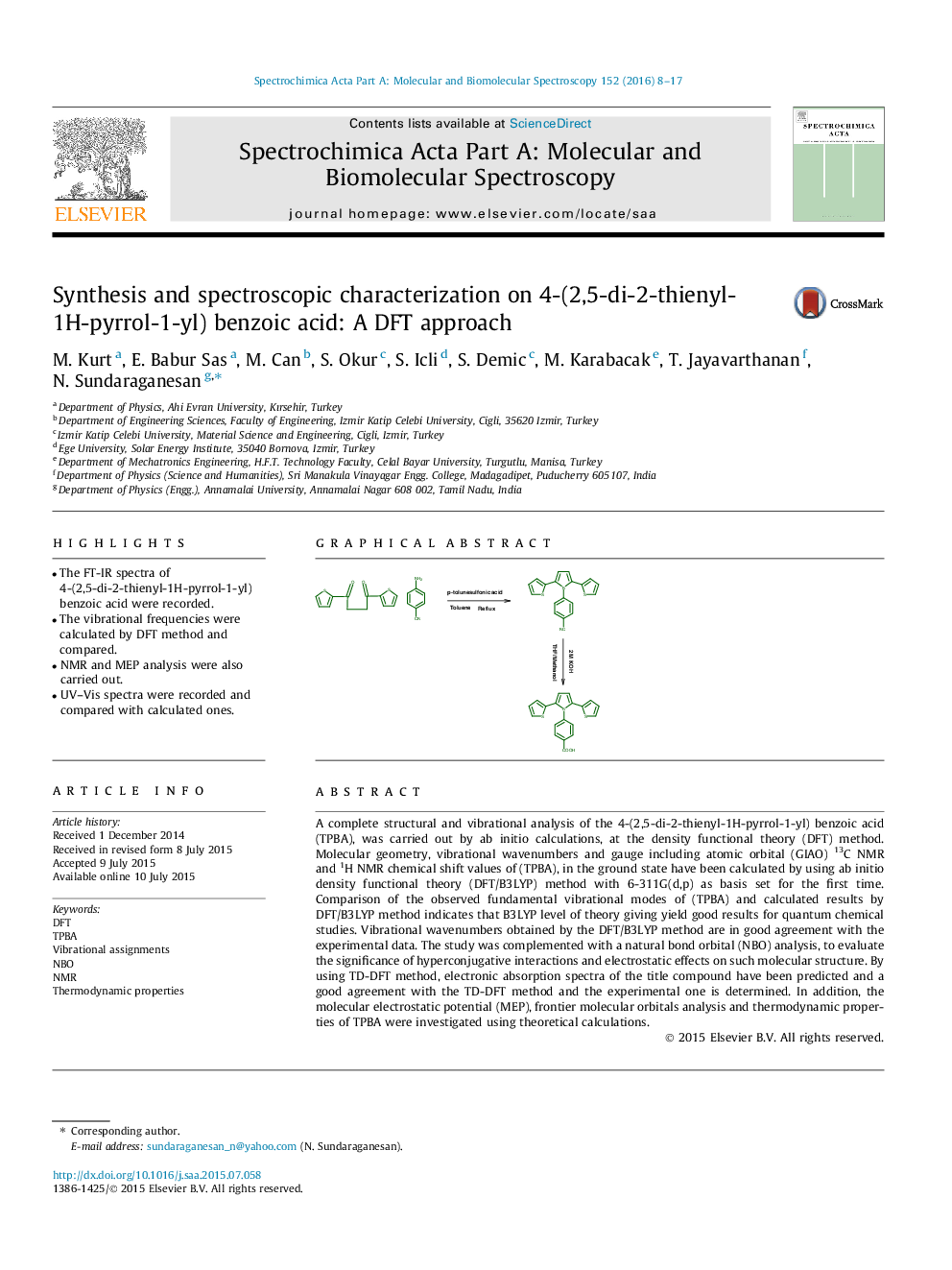 Synthesis and spectroscopic characterization on 4-(2,5-di-2-thienyl-1H-pyrrol-1-yl) benzoic acid: A DFT approach