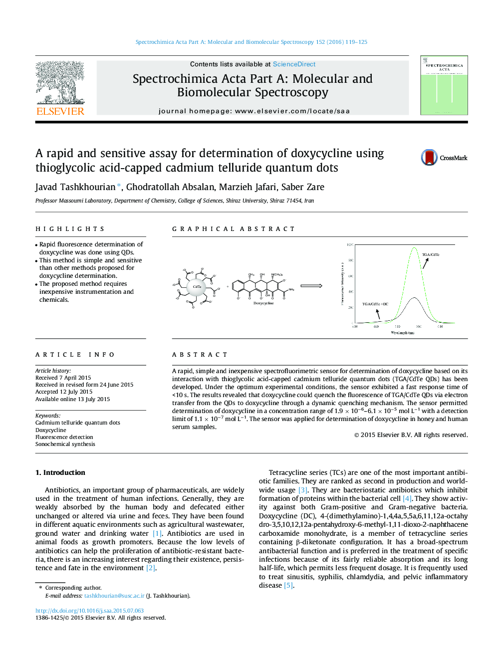 A rapid and sensitive assay for determination of doxycycline using thioglycolic acid-capped cadmium telluride quantum dots