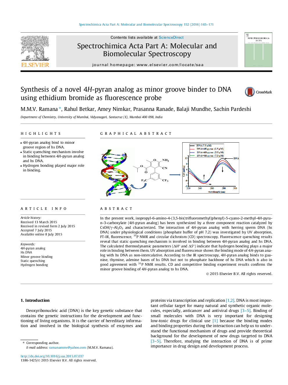 Synthesis of a novel 4H-pyran analog as minor groove binder to DNA using ethidium bromide as fluorescence probe