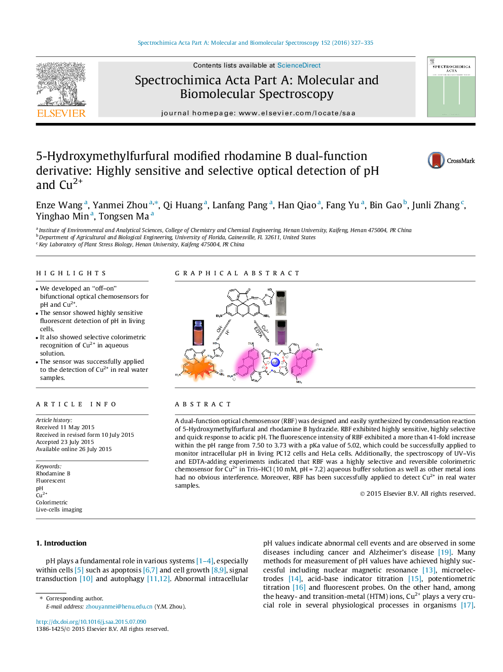 5-Hydroxymethylfurfural modified rhodamine B dual-function derivative: Highly sensitive and selective optical detection of pH and Cu2+