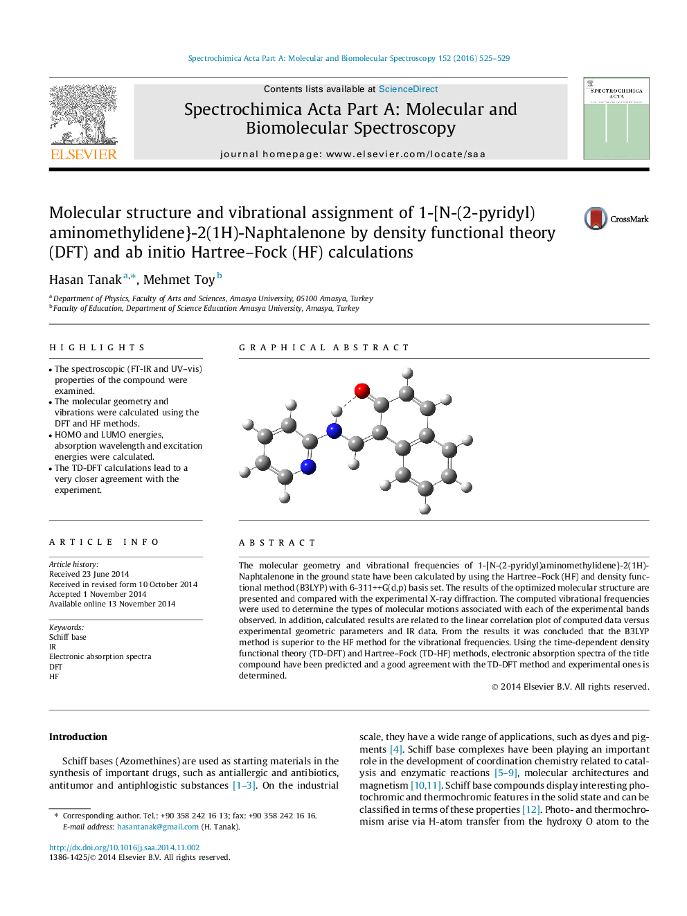 Molecular structure and vibrational assignment of 1-[N-(2-pyridyl) aminomethylidene}-2(1H)-Naphtalenone by density functional theory (DFT) and ab initio Hartree–Fock (HF) calculations