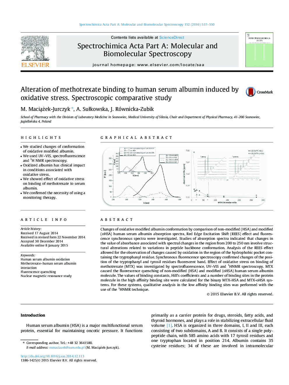 Alteration of methotrexate binding to human serum albumin induced by oxidative stress. Spectroscopic comparative study