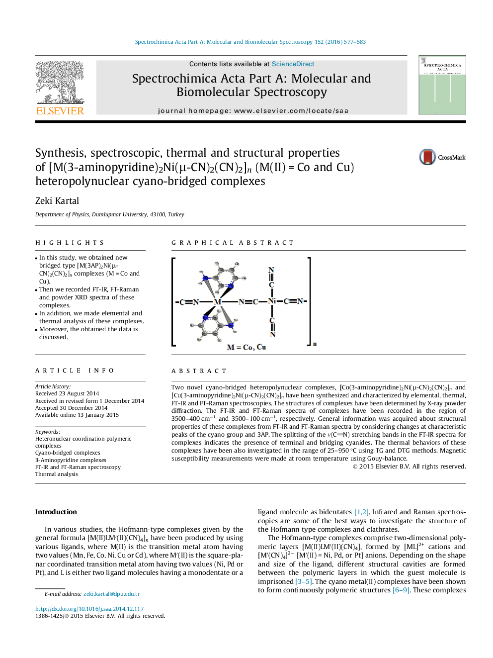 Synthesis, spectroscopic, thermal and structural properties of [M(3-aminopyridine)2Ni(μ-CN)2(CN)2]n (M(II) = Co and Cu) heteropolynuclear cyano-bridged complexes