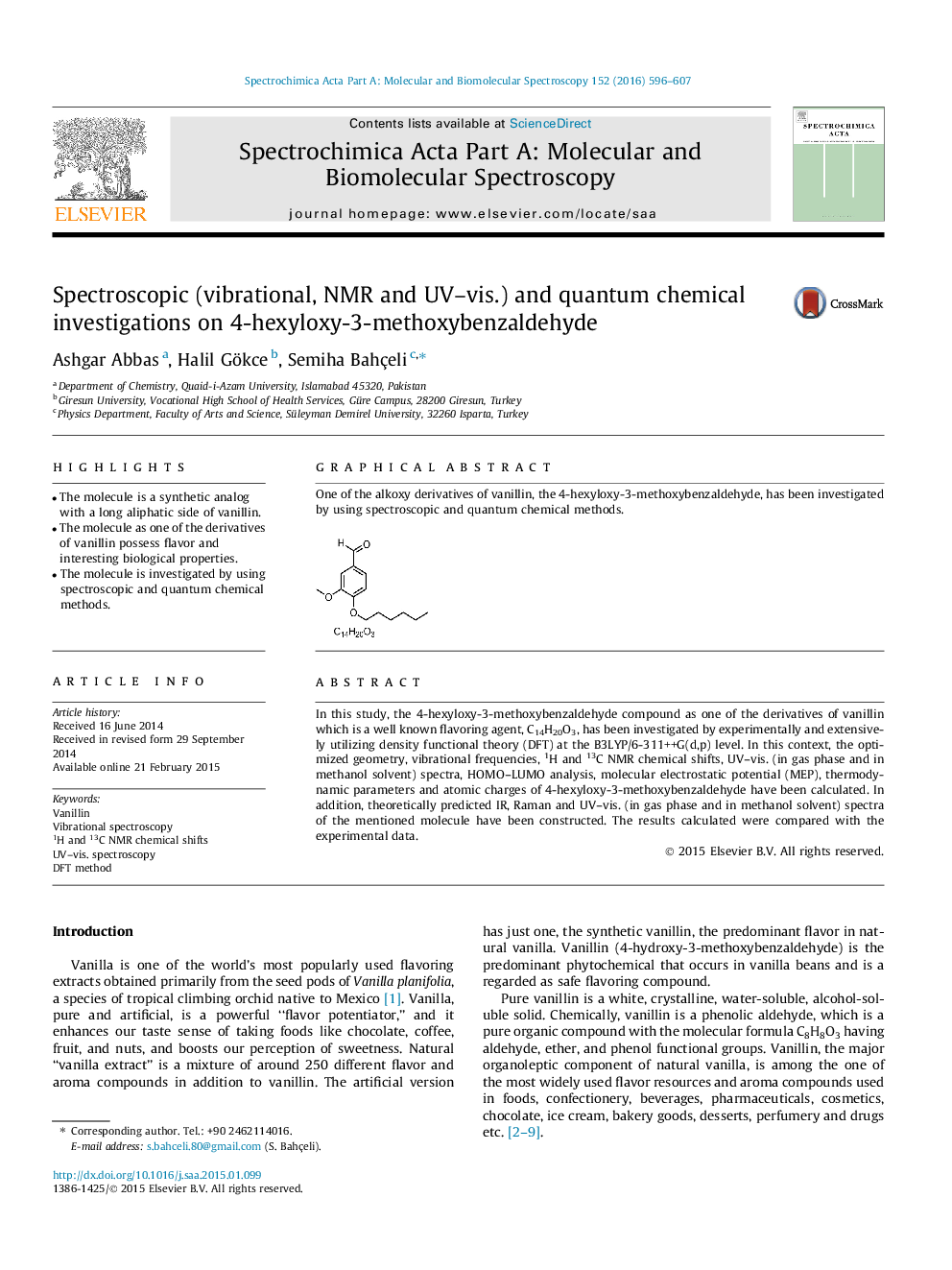 Spectroscopic (vibrational, NMR and UV–vis.) and quantum chemical investigations on 4-hexyloxy-3-methoxybenzaldehyde