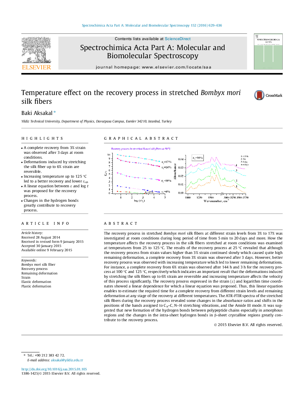 Temperature effect on the recovery process in stretched Bombyx mori silk fibers