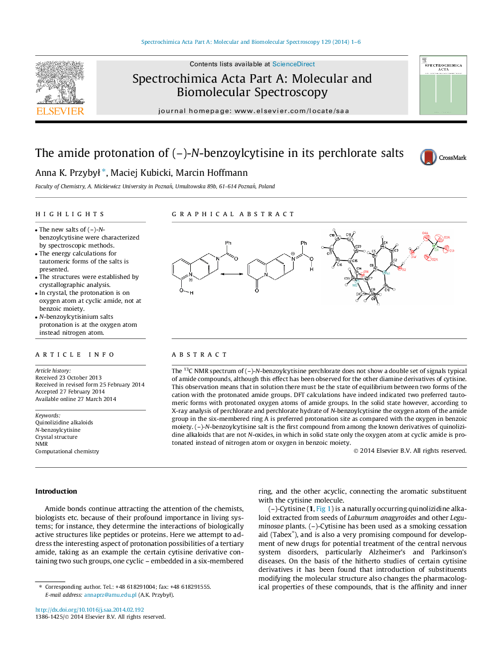 The amide protonation of (-)-N-benzoylcytisine in its perchlorate salts